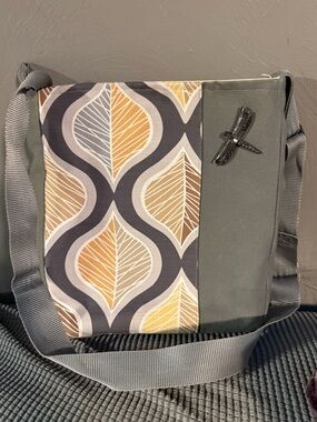 Gray and Mustard Leaf-Pattern Crossbody Bag with Dragonfly Accent